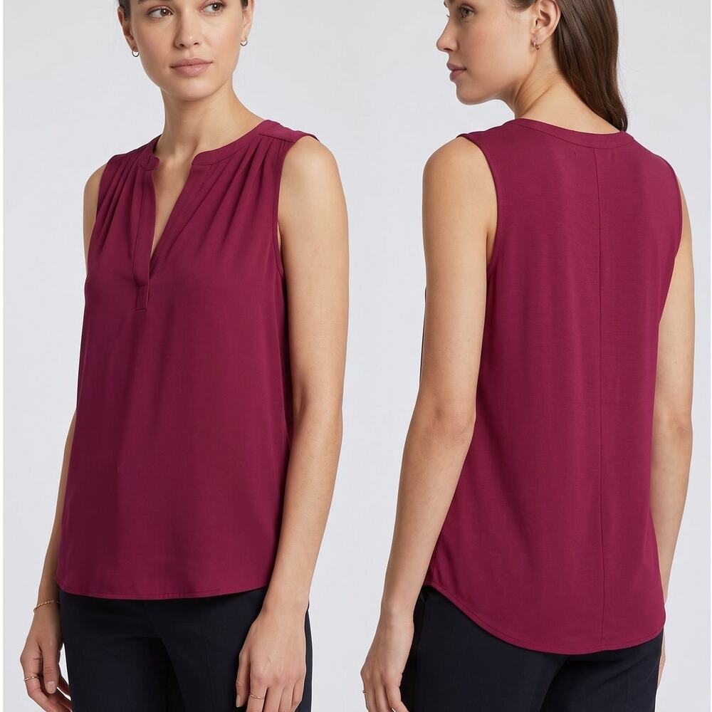LOFT Outlet Medium Sleeveless Berry-colored Pleated V-neck Top Rayon Polyester